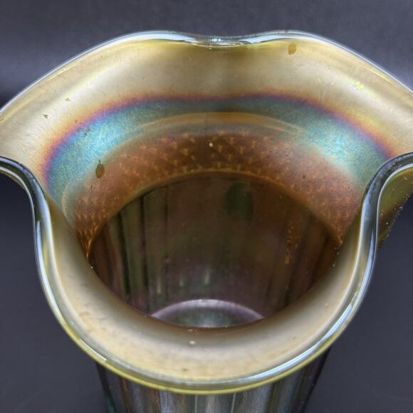 Vintage Northwood Carnival Glass Vase Ruffle Hat Green Iridescent 3.75" Tall - Picture 5 of 15